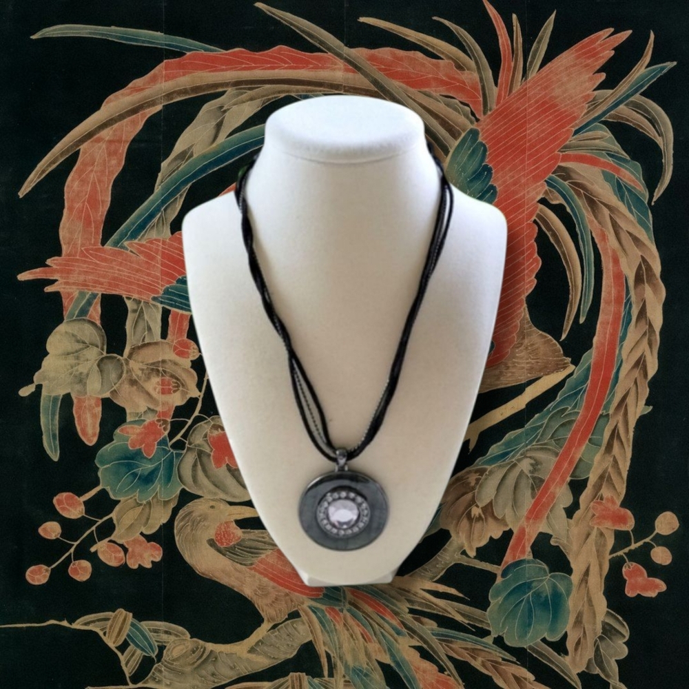Elegant Black/Dark Green Large Rhinestone Crystal Medallion Necklace